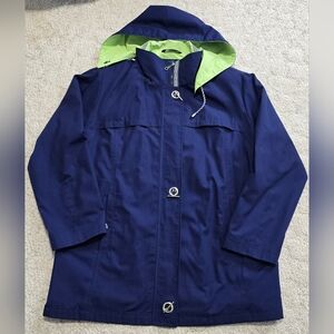 Womens Raincoat Mackintosh New England Size 1X Blue w/Lime Trim Hooded Lined